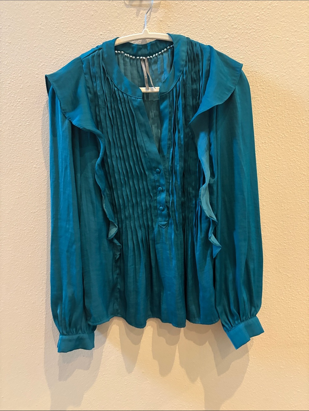 Anthropologie Women's Teal Ruffle Pintuck Blouse